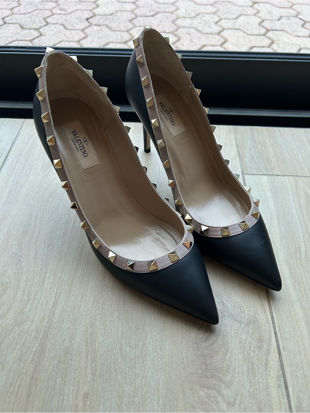 Valentino Garavani Black and Nude Leather Rockstud Pointed Pump with Gold Studs